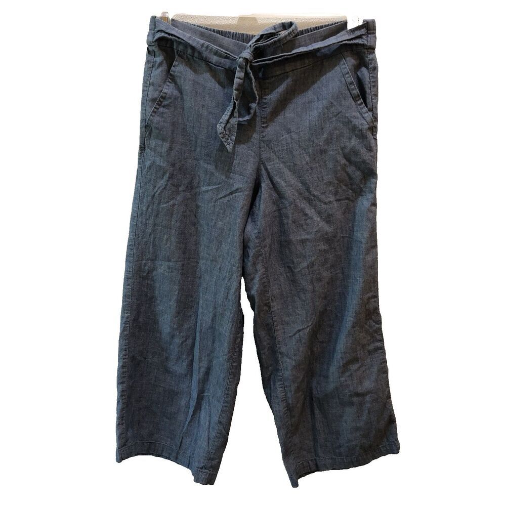 J Crew Tie Waist Crop Pants Womens Size 8 Blue Chambray Wide Leg Minimalist Chic